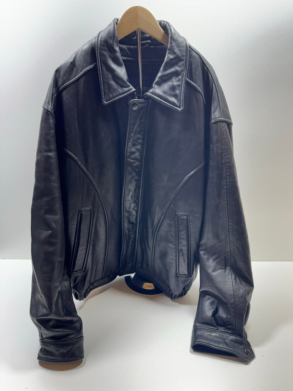 Carlo Amboldi Men’s Sz L Leather Bomber Jacket Full Zip Black Pockets Motorcycle